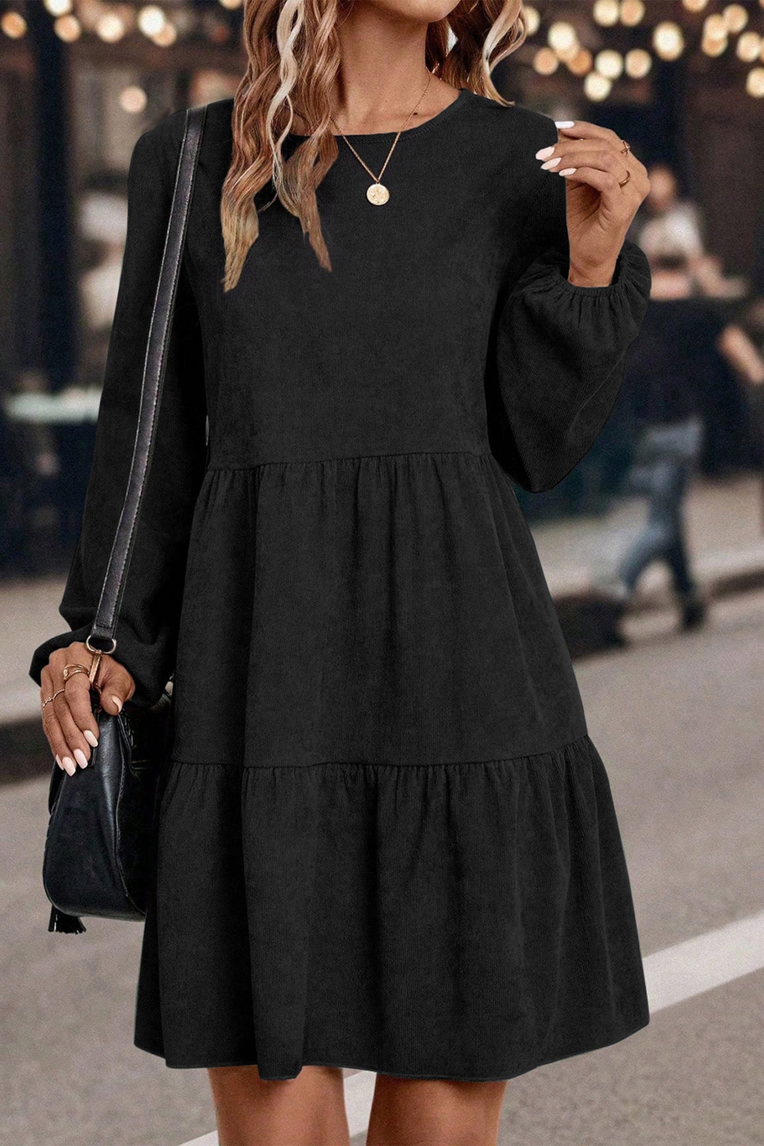 Black Lantern Sleeve Tiered Mini Dress - Image 6