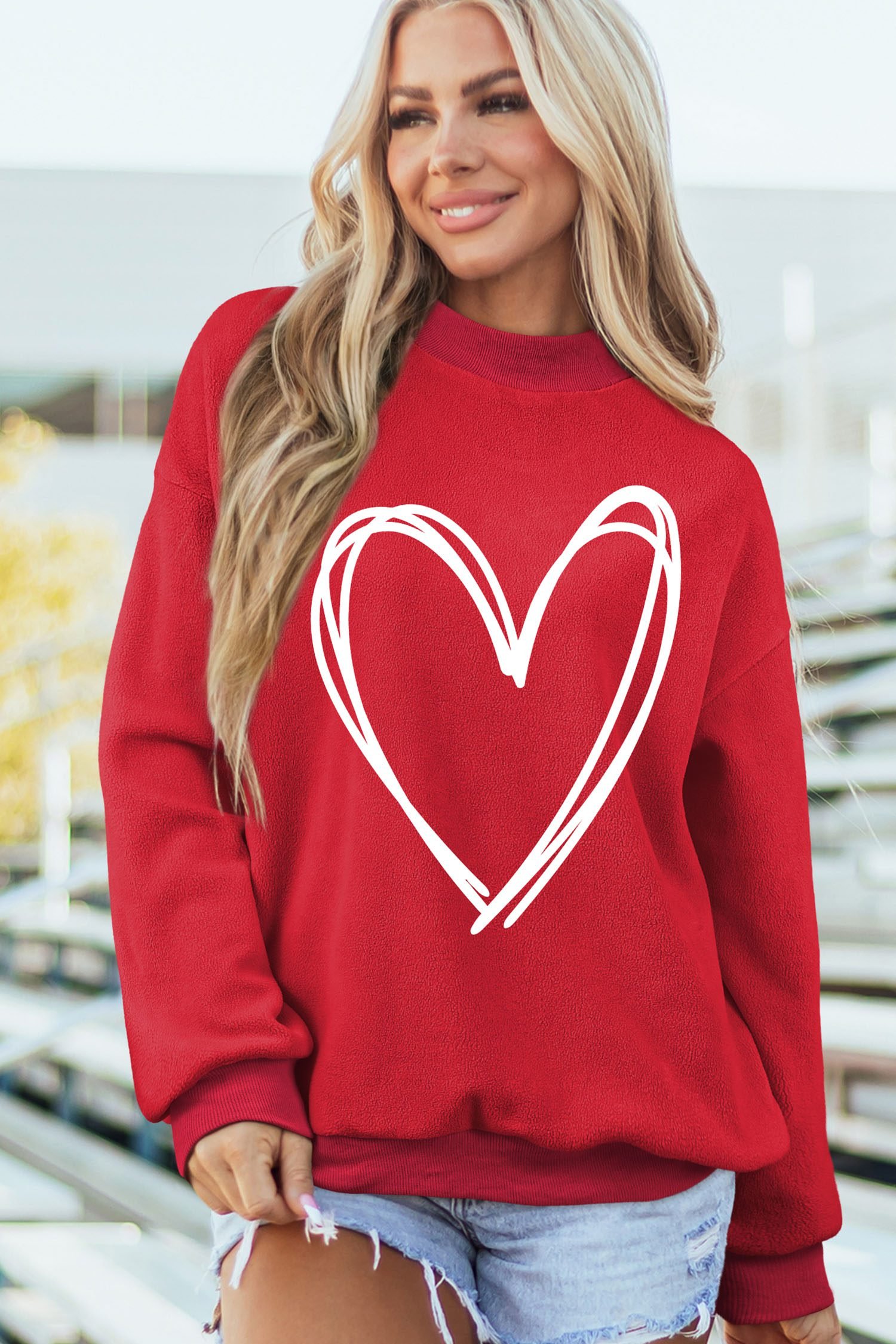 Racing Red Valentines Day Heart Love Script Reversible Printed Double Wear Mock Neck Sweatshirt