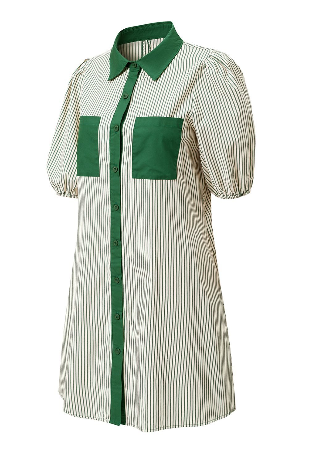 Green Stripe Color Block Patchwork Shirt Collar Button Down Puff Sleeve Mini Dress