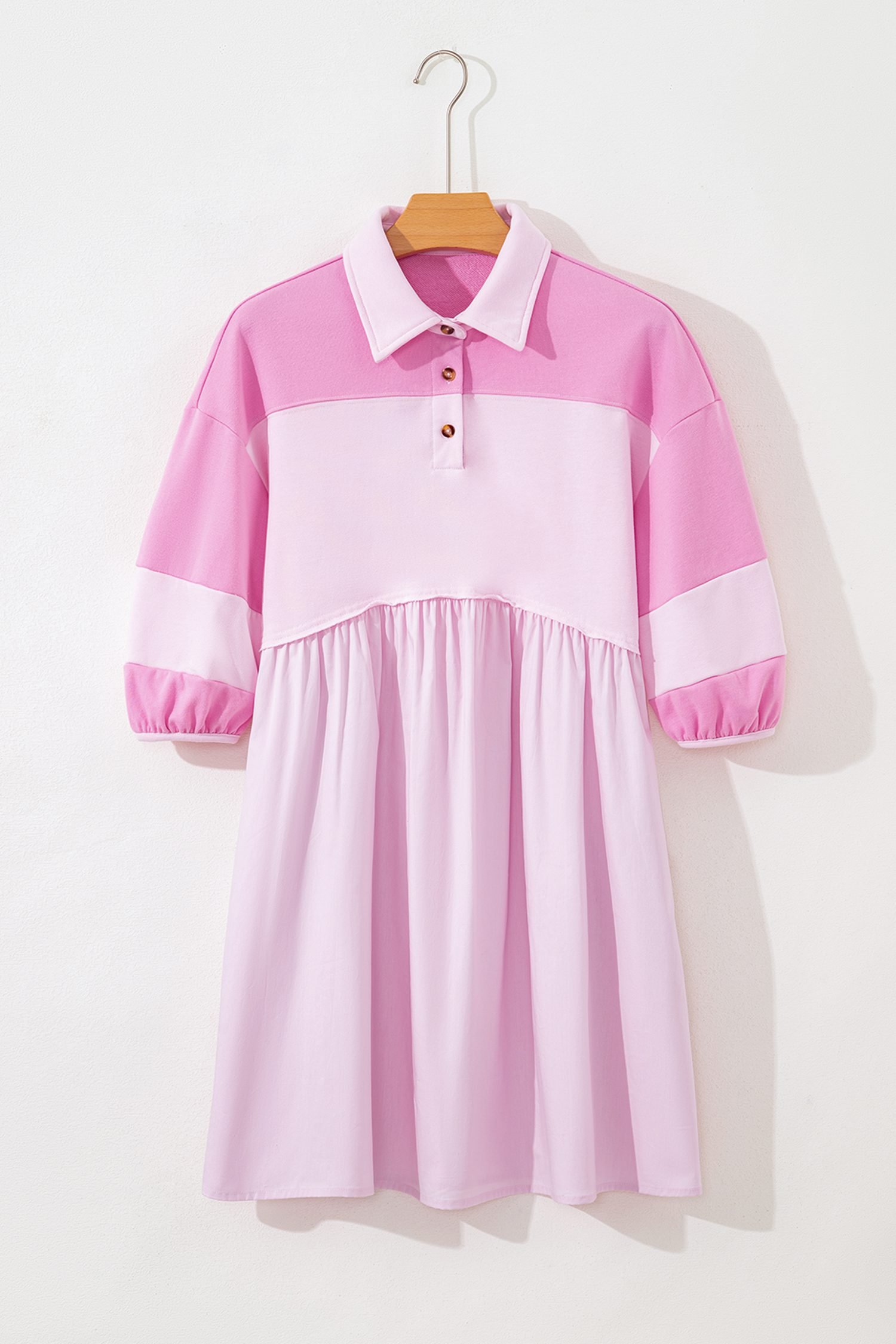 Pink Raw Seam Color Block Patchwork Button Polo Collar Mini Dress