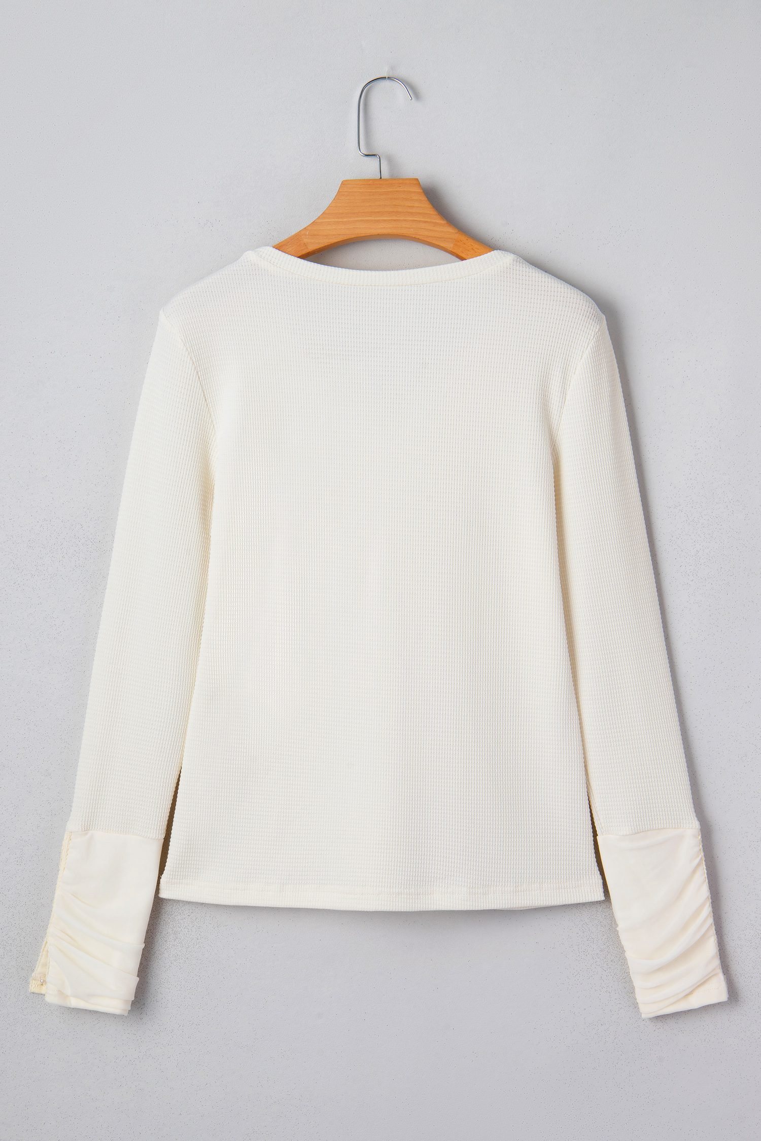 Beige Thermal Knit Lace Ruched Patchwork Long Sleeve V Neck Top - Image 6