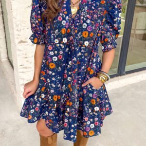 Blue Wild Daisy Floral Split Neck Short Puff Sleeve Mini Dress