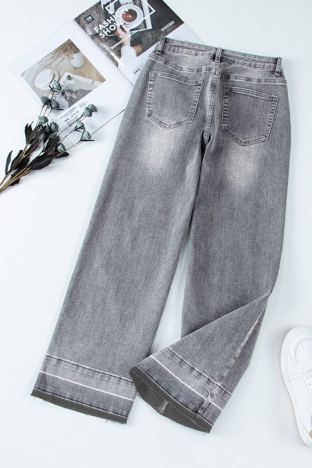 Gray Raw Hem Straight Leg Loose High Waist Jeans