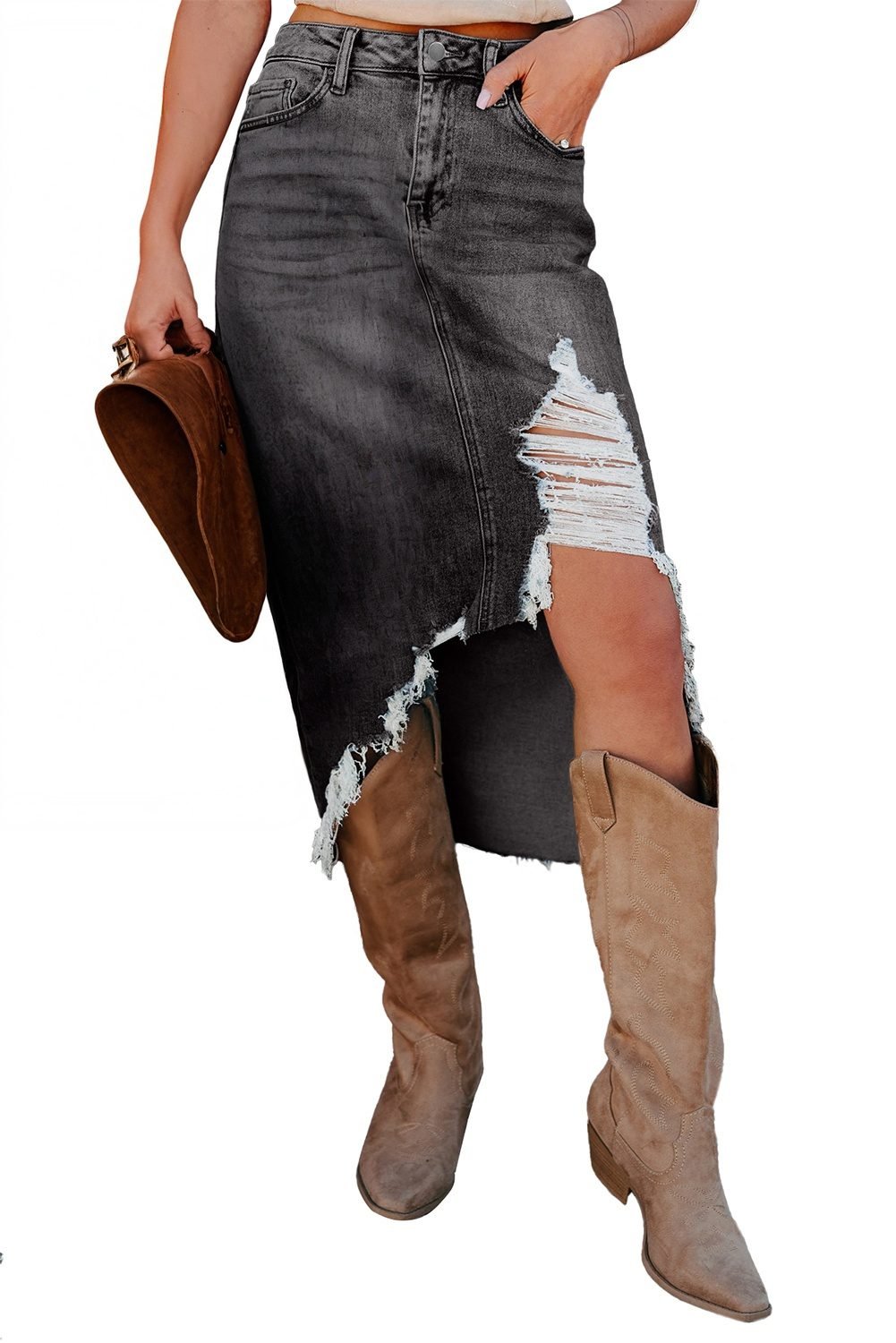 Dark Grey Irregular Distressed Bottom Denim Midi Skirt
