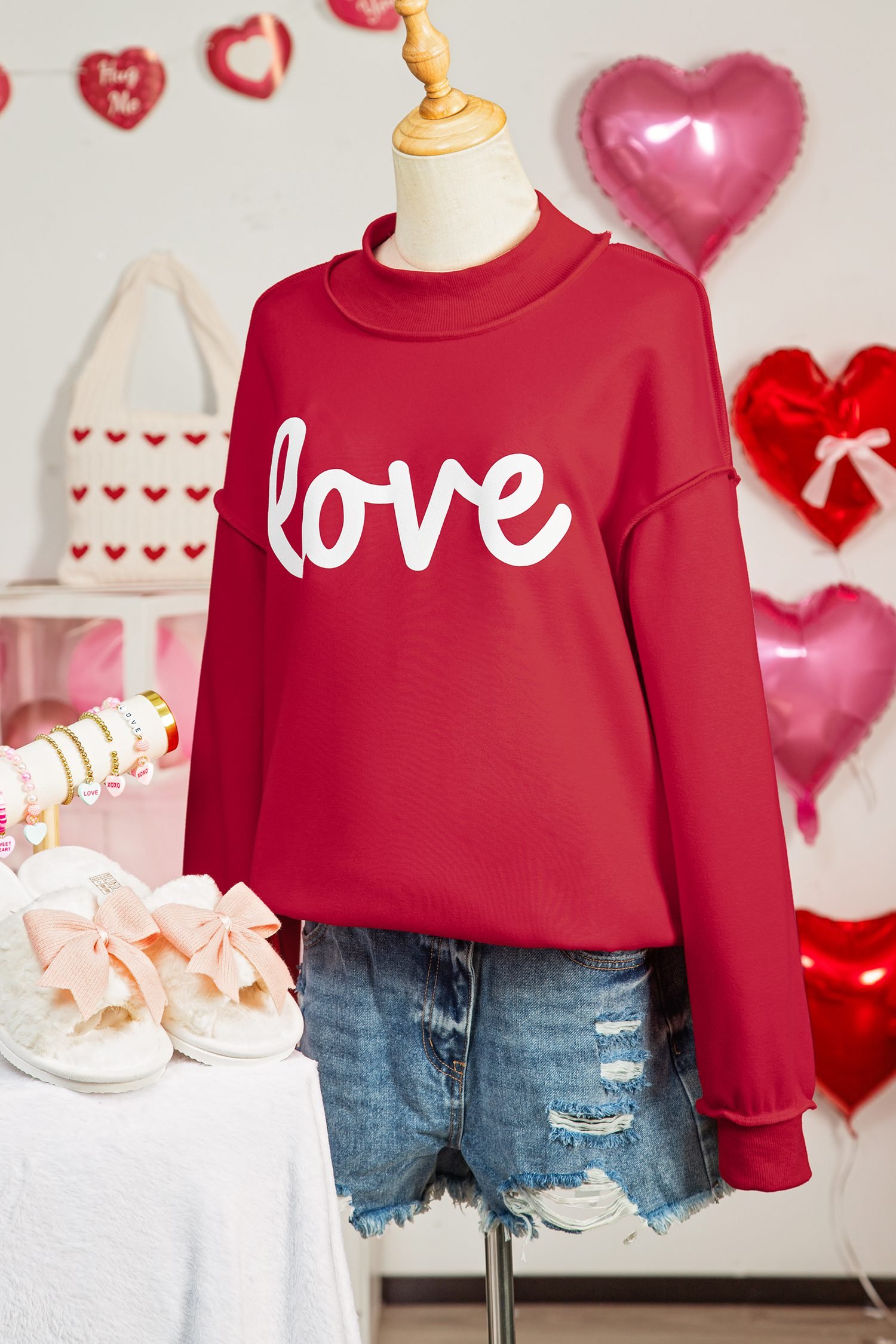 Racing Red Valentines Day Heart Love Script Reversible Printed Double Wear Mock Neck Sweatshirt