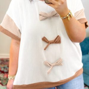 Apricot Bowknot Applique Plus Size Ribbed Top