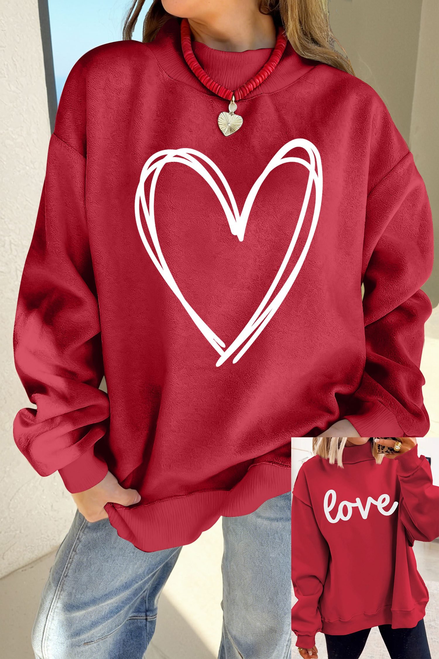 Racing Red Valentines Day Heart Love Script Reversible Printed Double Wear Mock Neck Sweatshirt
