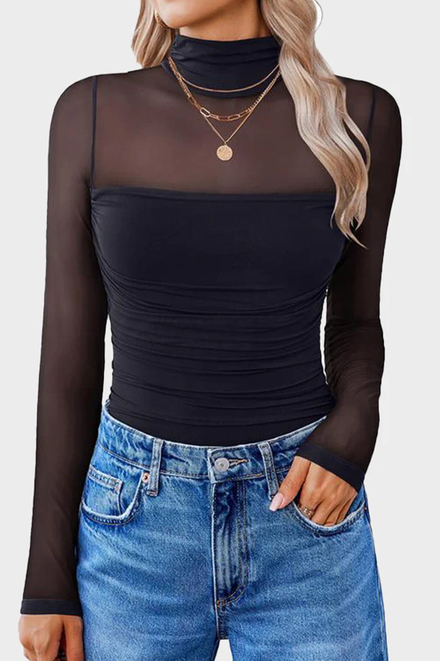 Black Sheer Mesh Patchwork High Neck Long Sleeve Top - Image 6
