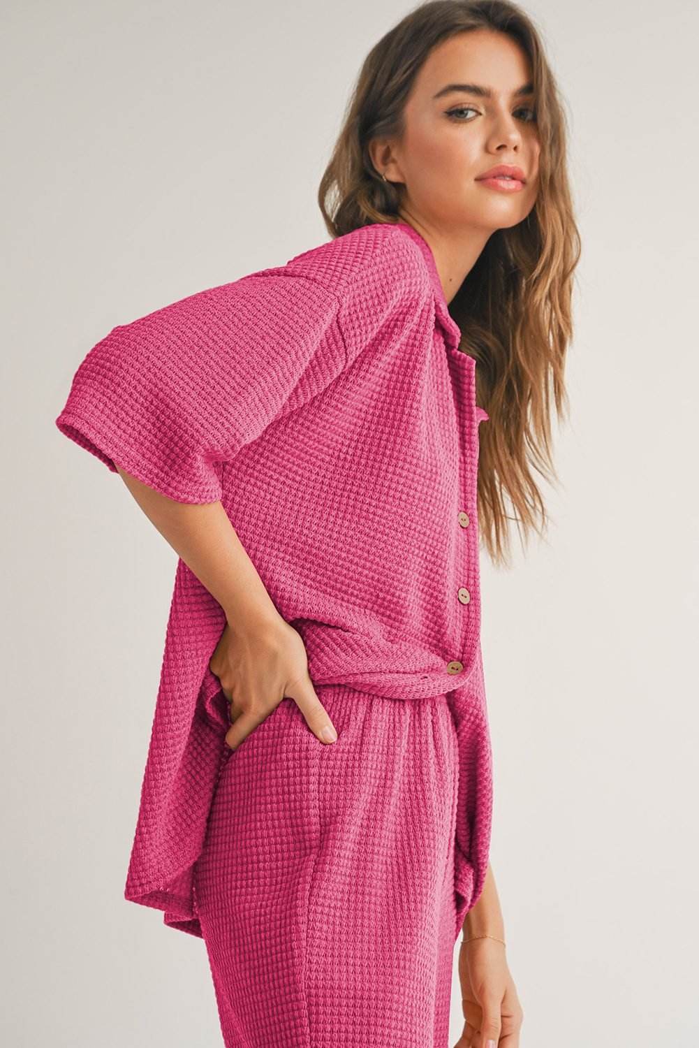 Rose Red Solid Color Textured Buttoned Shirt and Casual Pants Set