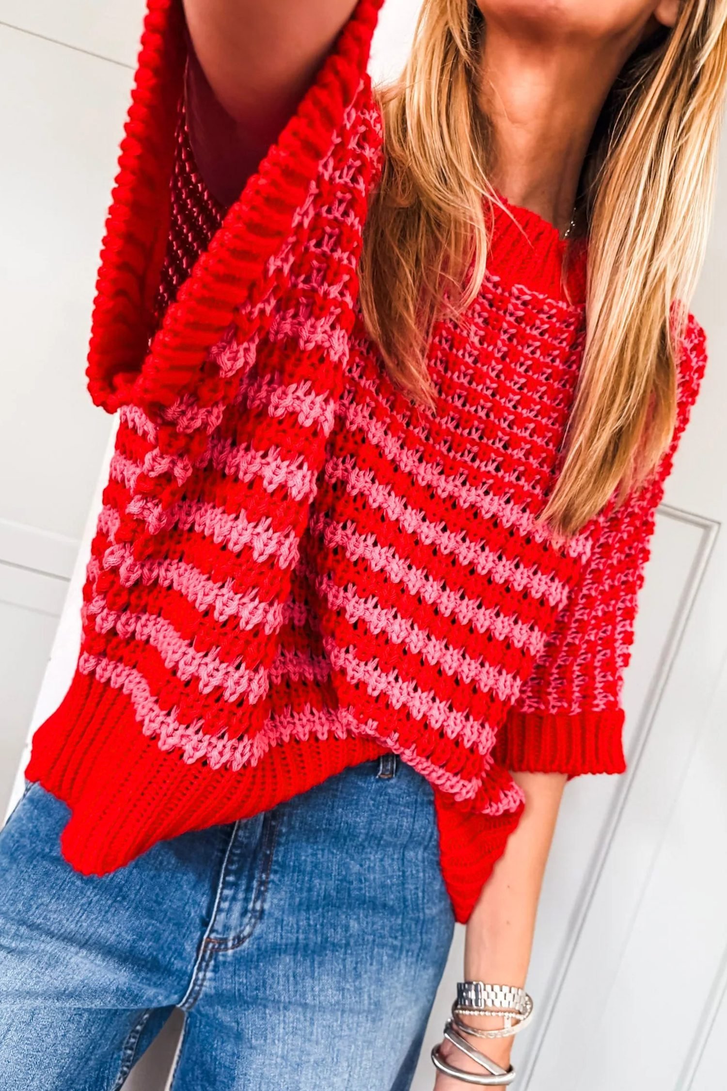 Red Stripe 3/4 Draped Sleeve Slouchy Sweater - Image 2