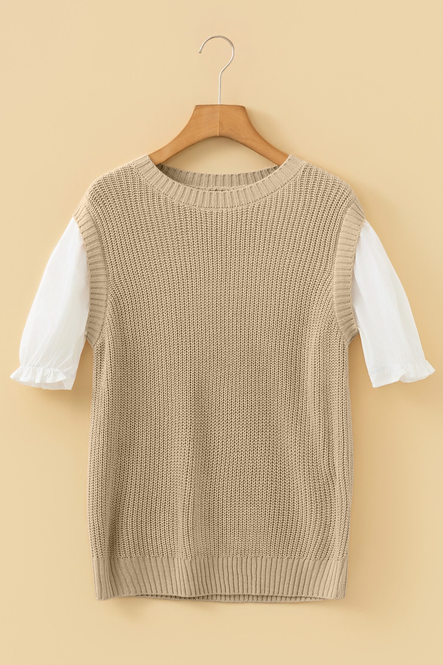 Light French Beige Round Neck Knit Contrast Short Sleeve Patchwork Sweater Top - Image 7