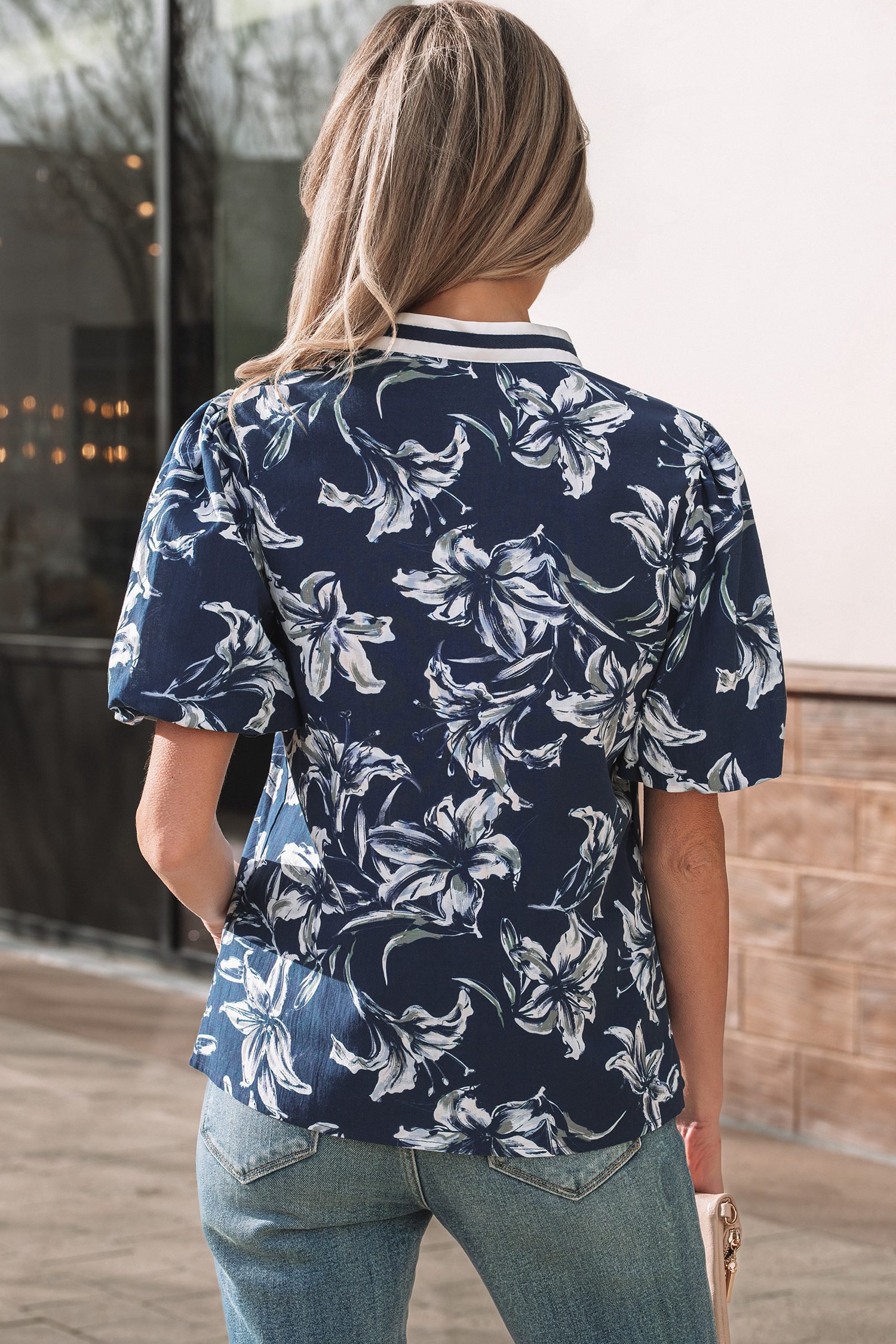 Blue Floral Print Short Puff Sleeve Striped Trim V Neck Blouse - Image 2