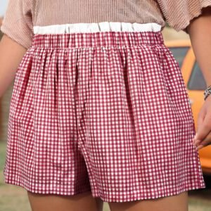 Red Contrast Trim Plaid Print Plus Size Shorts
