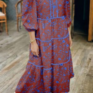 Brown 3/4 Puff Sleeve Tiered Loose Floral Dress