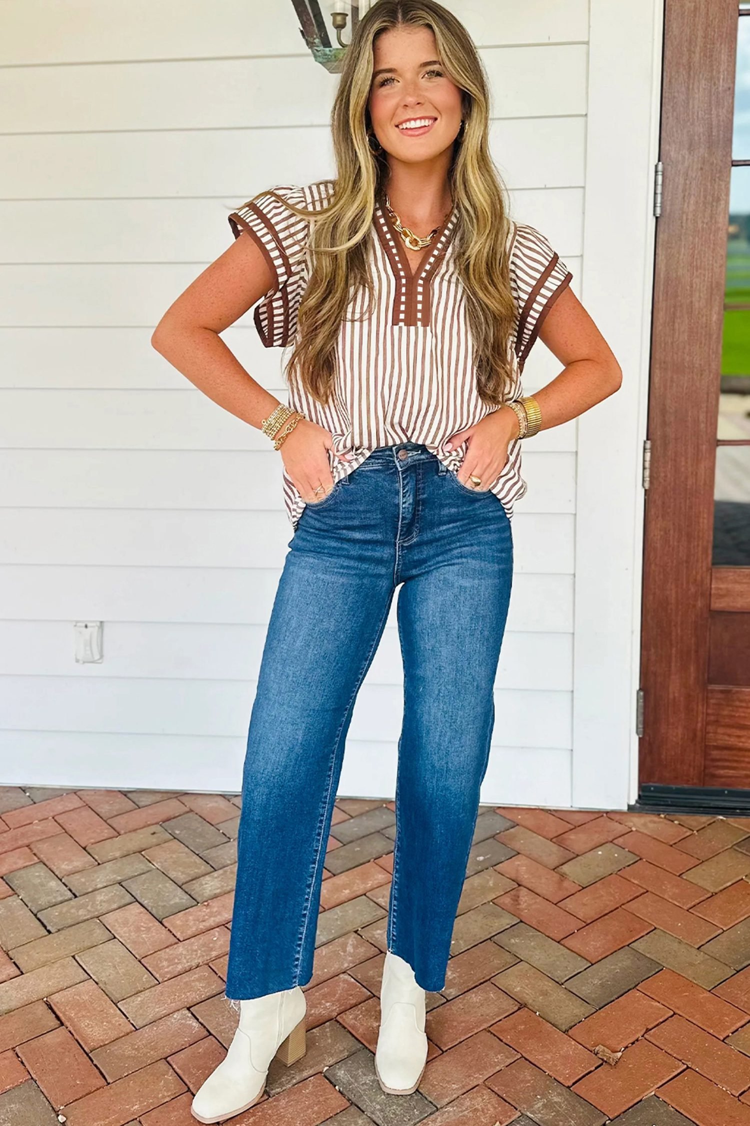 Khaki Stripe Double Ruffled Short Sleeve V Neck Blouse - Image 12