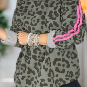 Green Leopard Print Varsity Striped Trim Long Sleeve Top