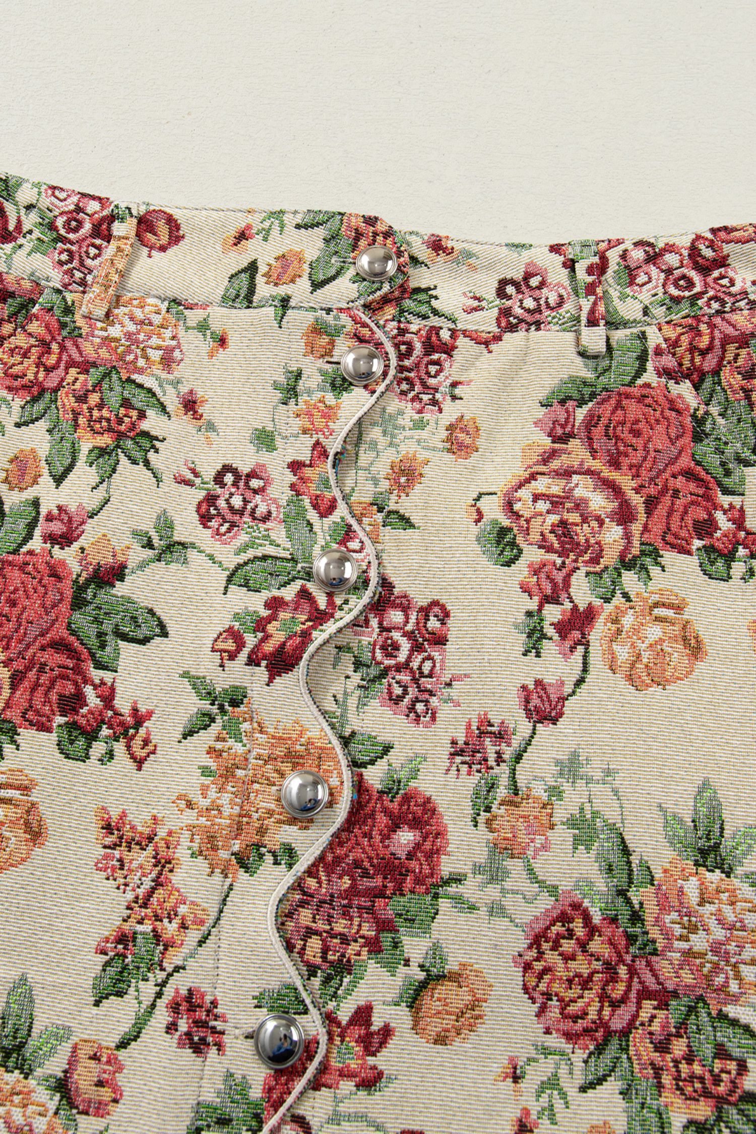 Apricot Buttoned Front Scalloped Trim Mini Jacquard Floral Skirt - Image 5