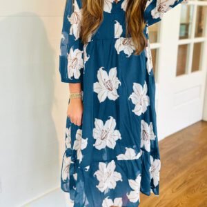 Blue Floral Print Shirt Collar V Neck 3/4 Sleeve Shift Midi Dress