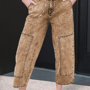 Smoke Gray Acid Wash Barrel Fit Denim Pants with Waist String