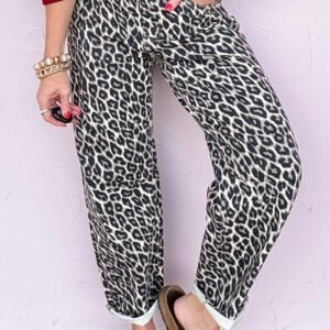 Black Leopard Print Barrel Jeans