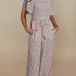 White Smocked Short Sleeve Wide Leg Floral Print Jumpsuit