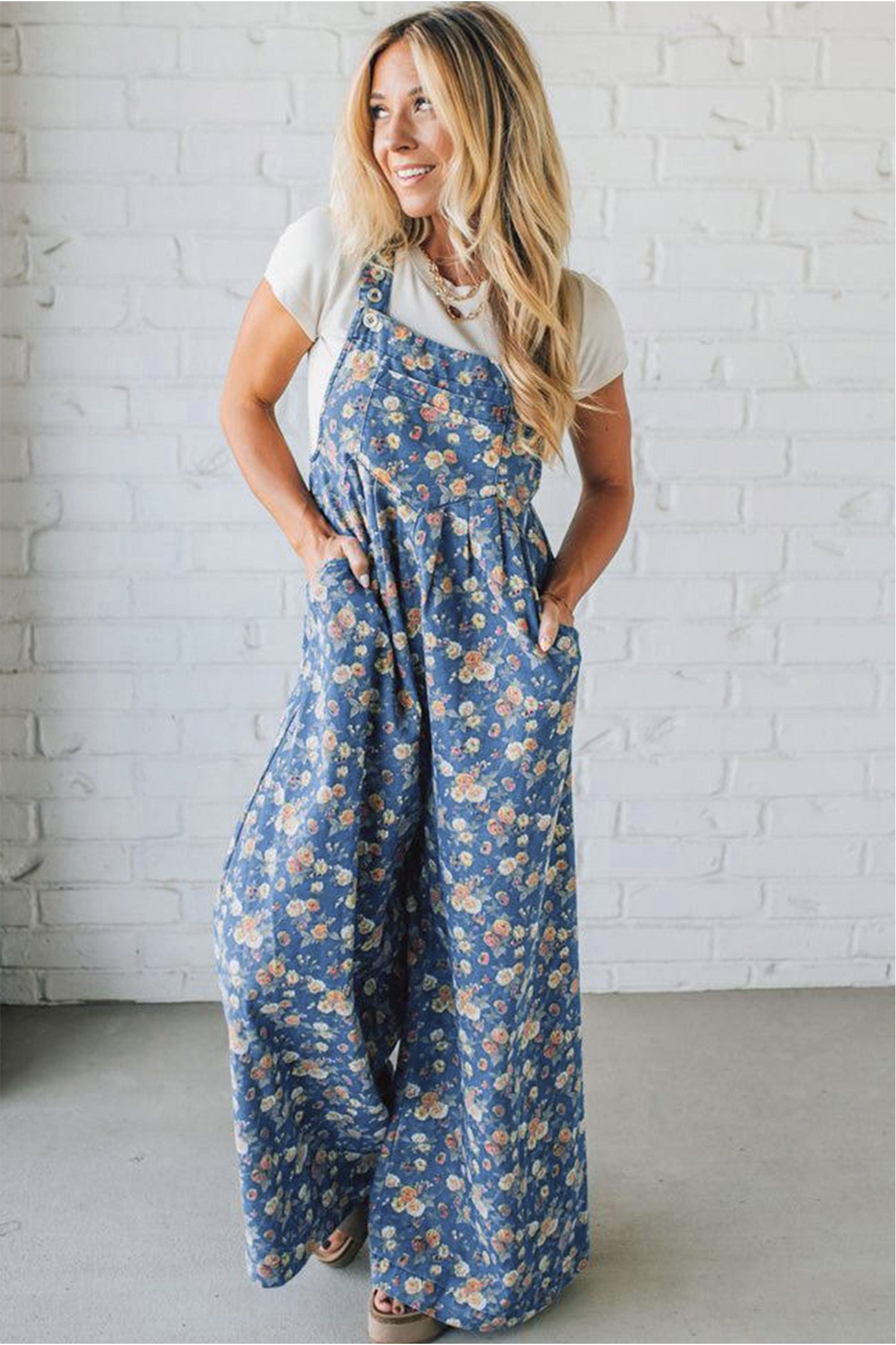Blue Vintage Rose Printed Pleated Loose Denim Overall Jumpsuit