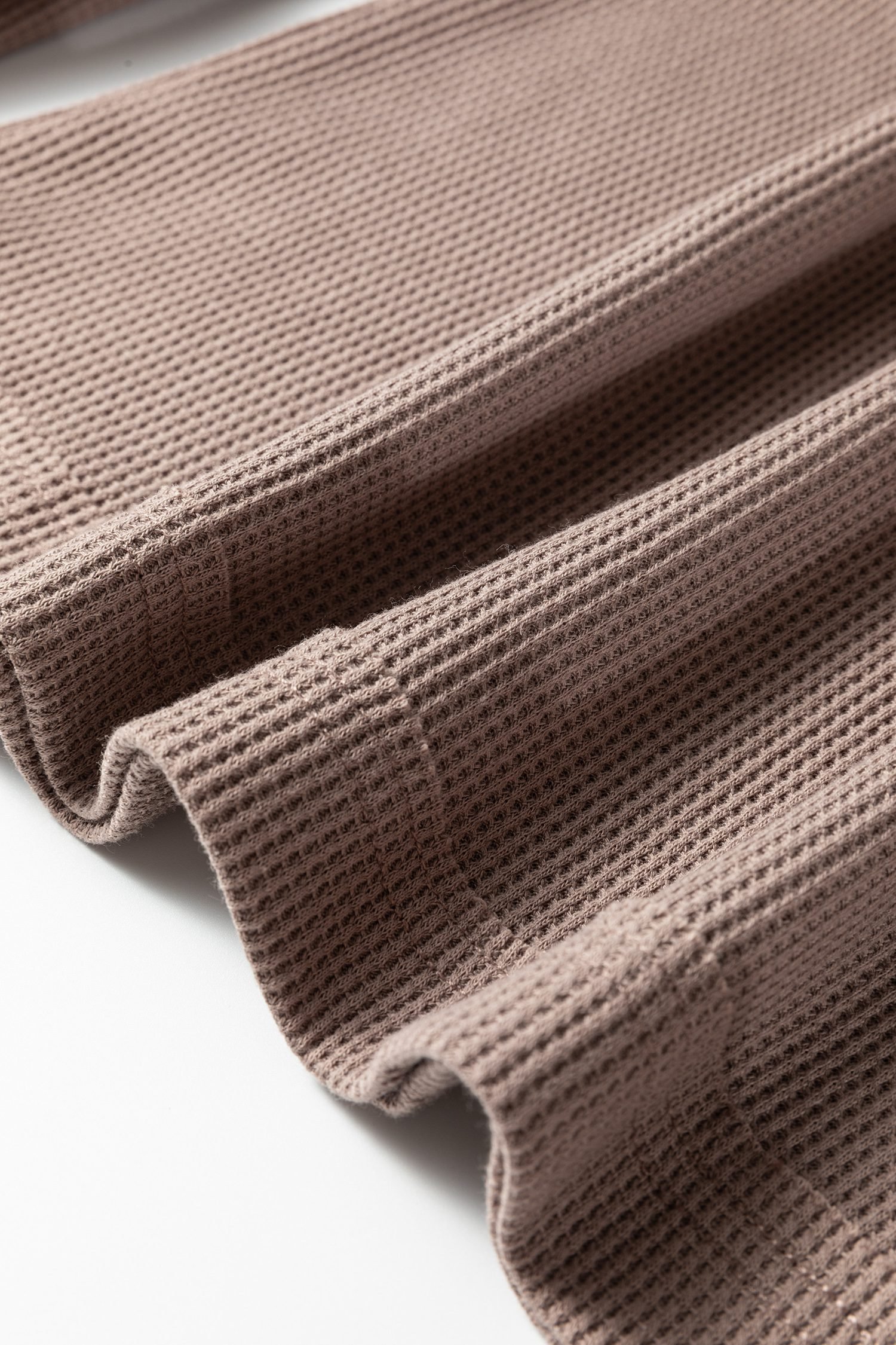 Old Rose Solid Color Waffle Knit Asymmetric Neck Long Sleeve Top - Image 10