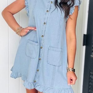 Beau Blue Ruffled Edge Collared Shift Denim Dress with Pockets
