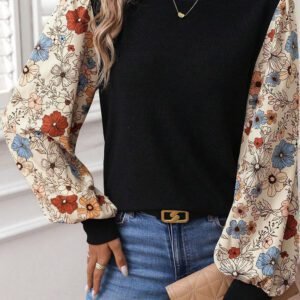 Apricot Flower Puff Sleeve Patchwork Top