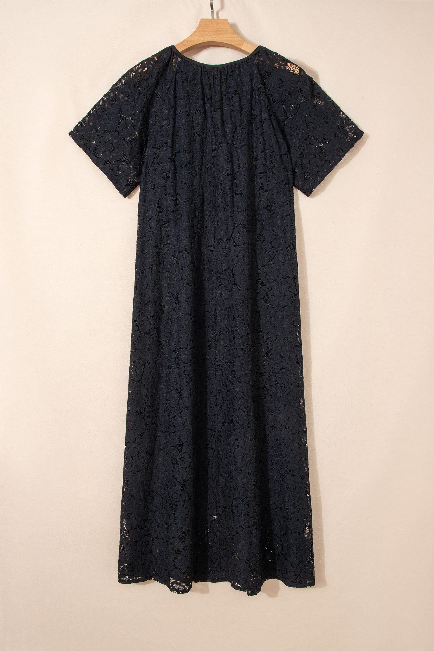 Black Floral Lace Overlay Tassel Tie Short Sleeve Beach Vacation Loose Maxi Dress