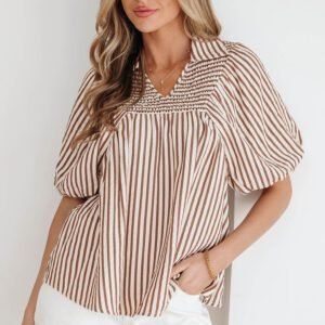 Brown Stripe Shirred V Neck Short Puff Sleeve Blouse