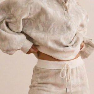 White Abstract Woodland Print Balloon Sleeve Pullover Drawstring Mini Skort Set