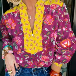 Rose Contrast Placket Split V Neck Floral Blouse