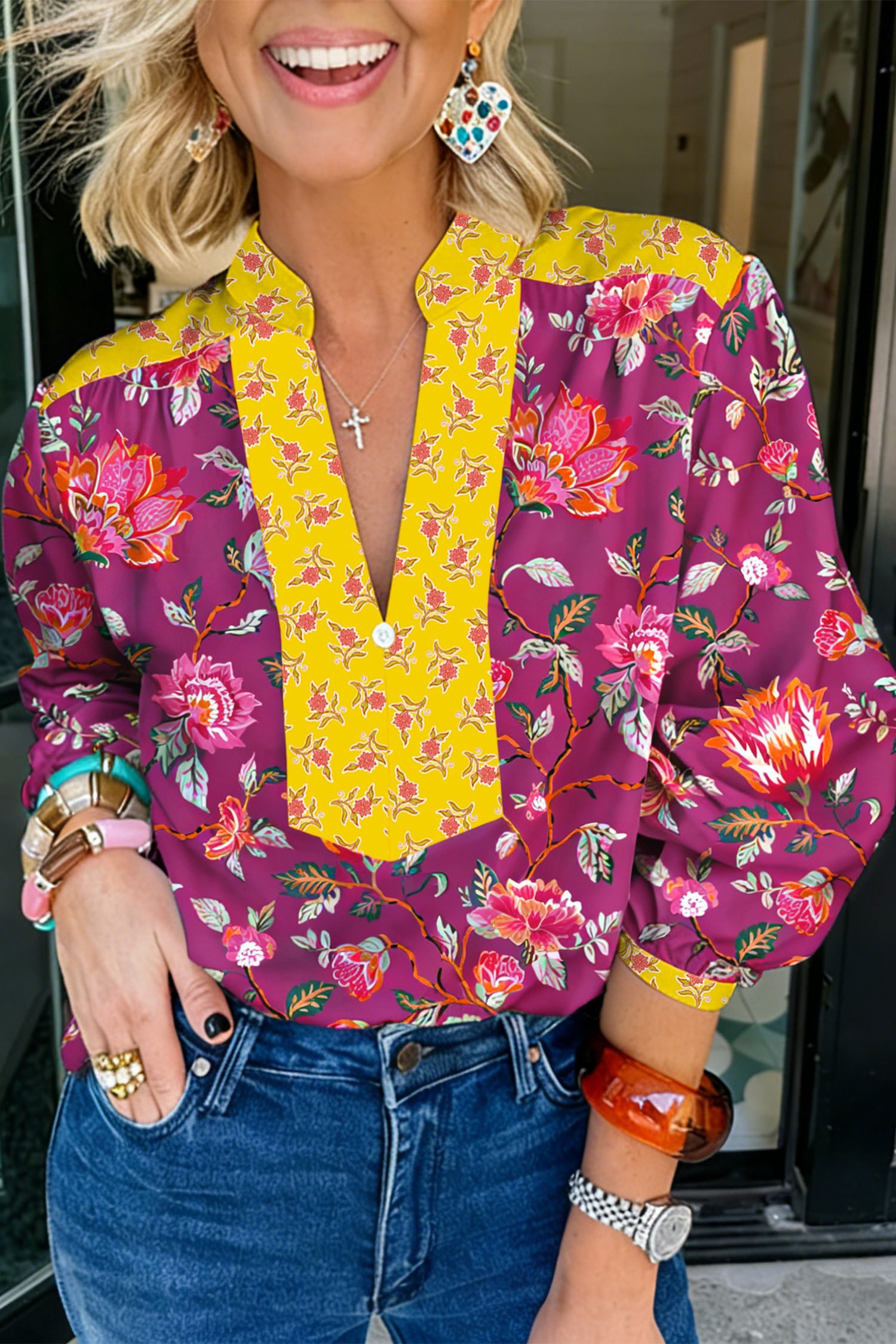 Rose Contrast Placket Split V Neck Floral Blouse