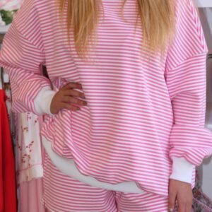 Pink Stripe Oversize Mock Neck Sweatshirt and Shorts Set