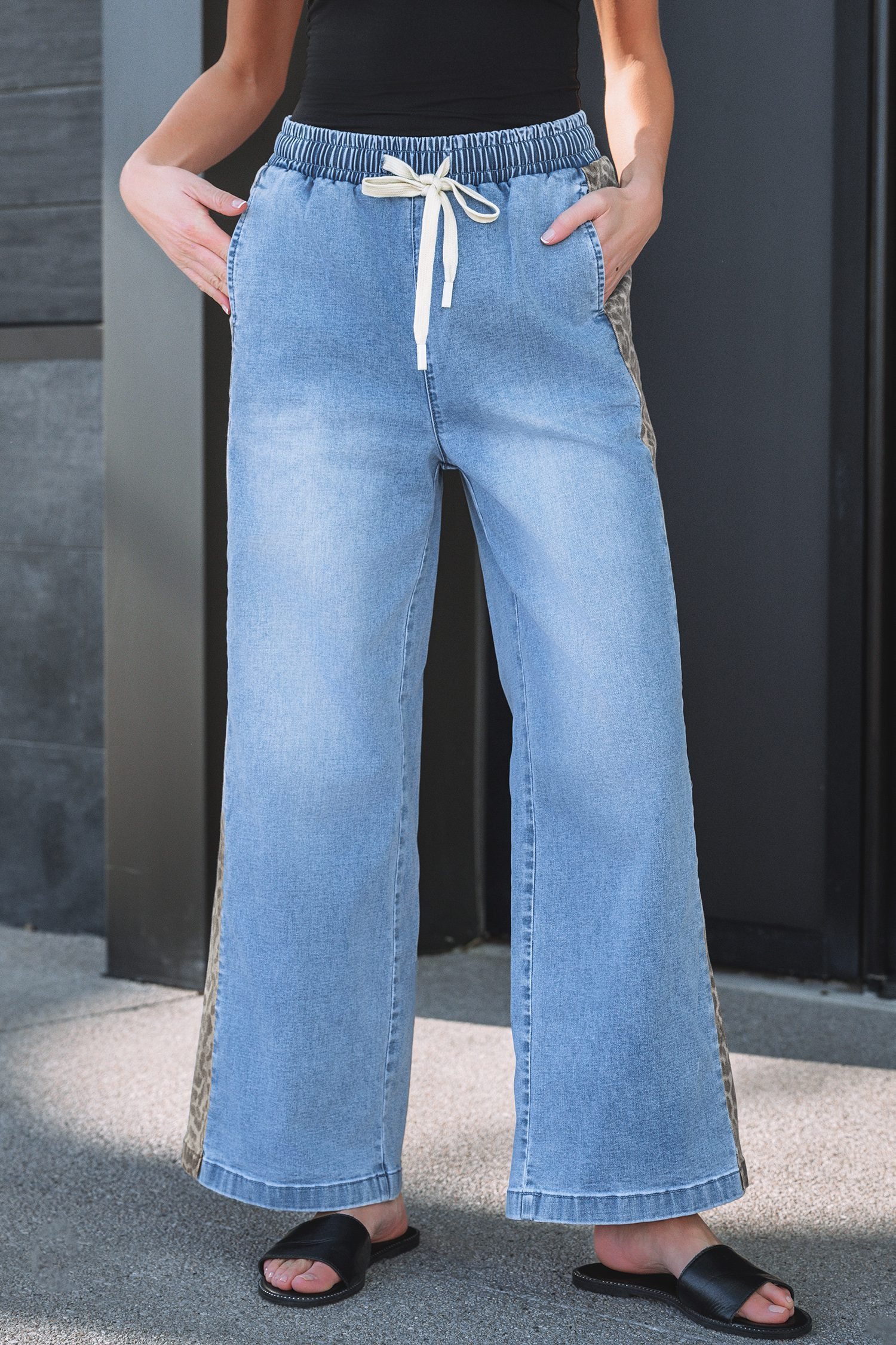 Beau Blue Drawstring Elastic Waist Leopard Striped Side Panel Wide Leg Jeans - Image 4
