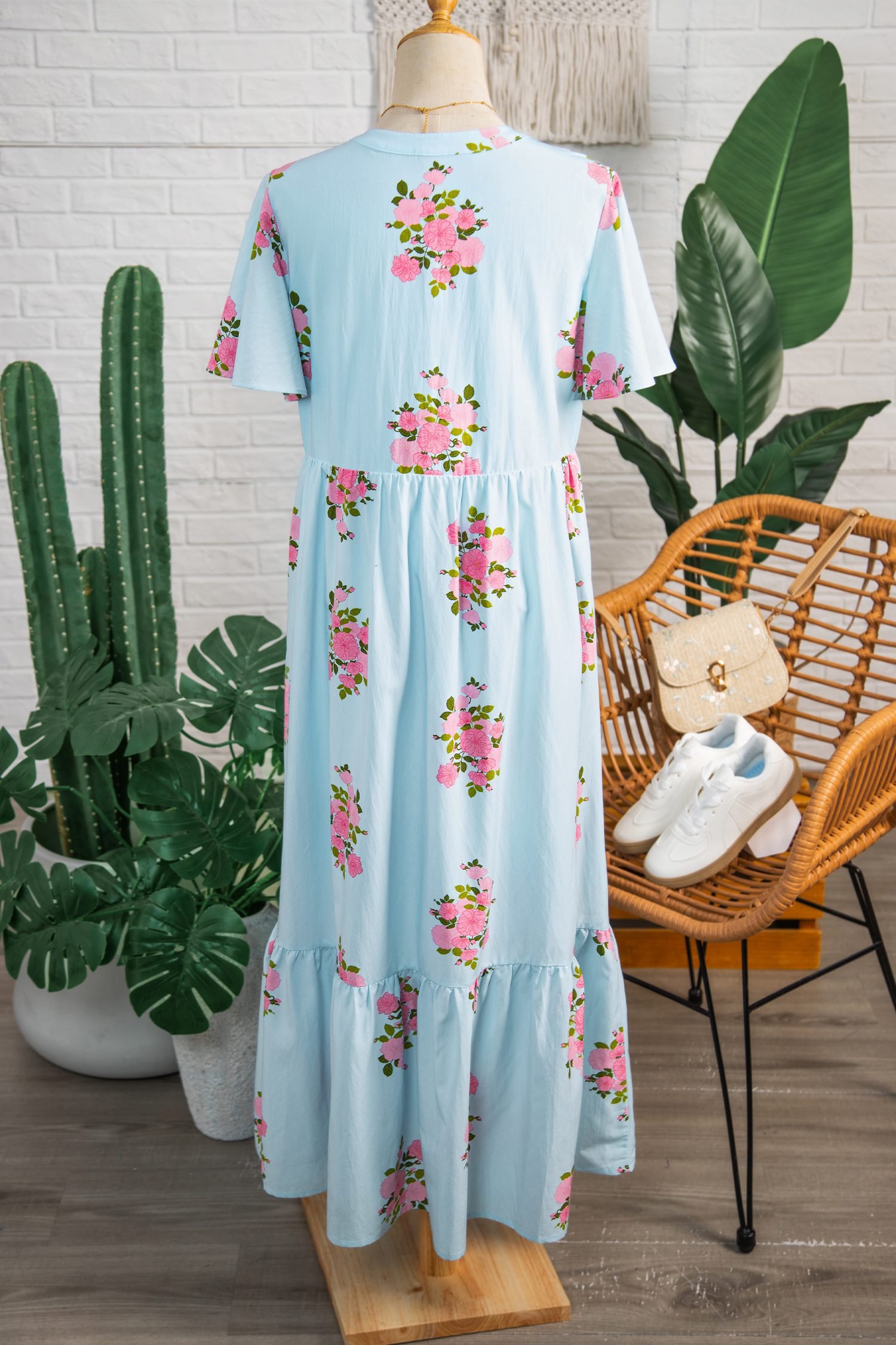 Sky Blue Notched Neck Flutter Short Sleeve Floral Print Maxi Dress