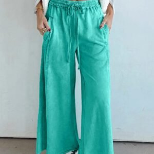Sea Green Mineral Wash Drawstring Elastic Waist Raw Hem Loose Pants