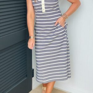 Blue Stripe Ruffled Short Sleeve Contrast Trim Button Notched Neck Midi Dress