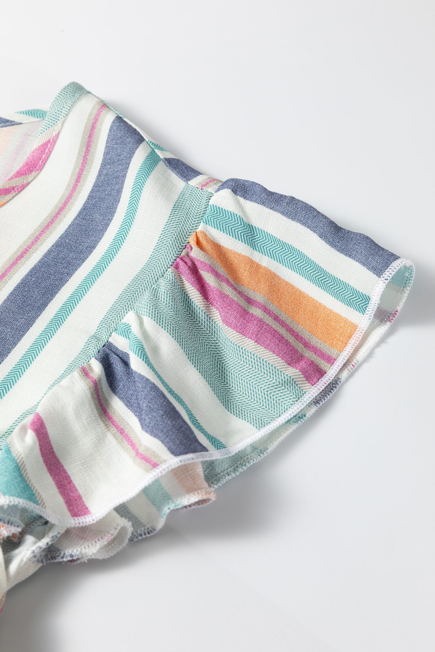 Light Blue Lace Hollow-out Insert Flutter Sleeve Striped Blouse