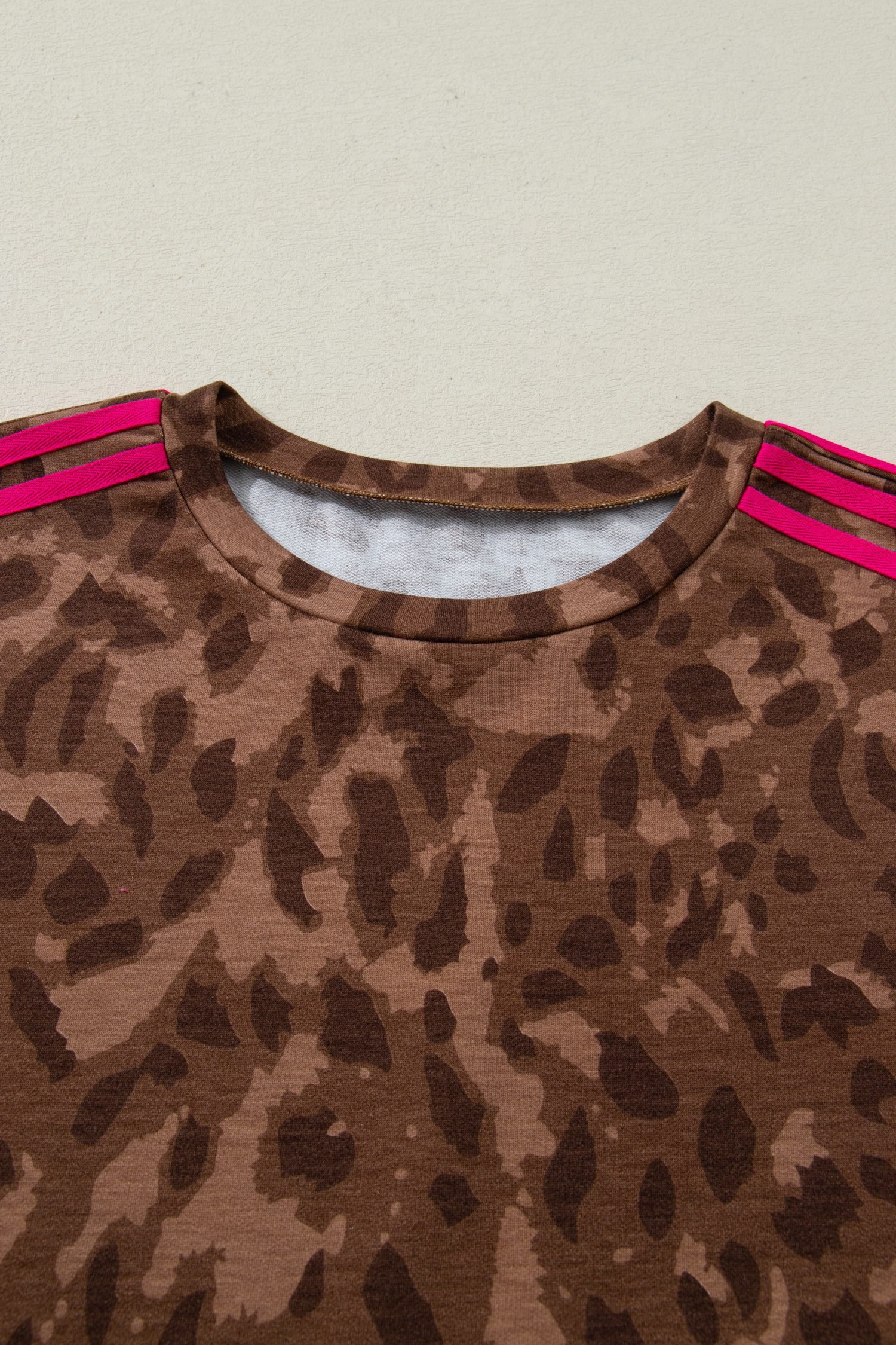 Brown Contrast Striped Accent Leopard Short Set