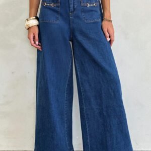 Sail Blue Hardware Decor Patched Pockets Wide Leg Denim Pants