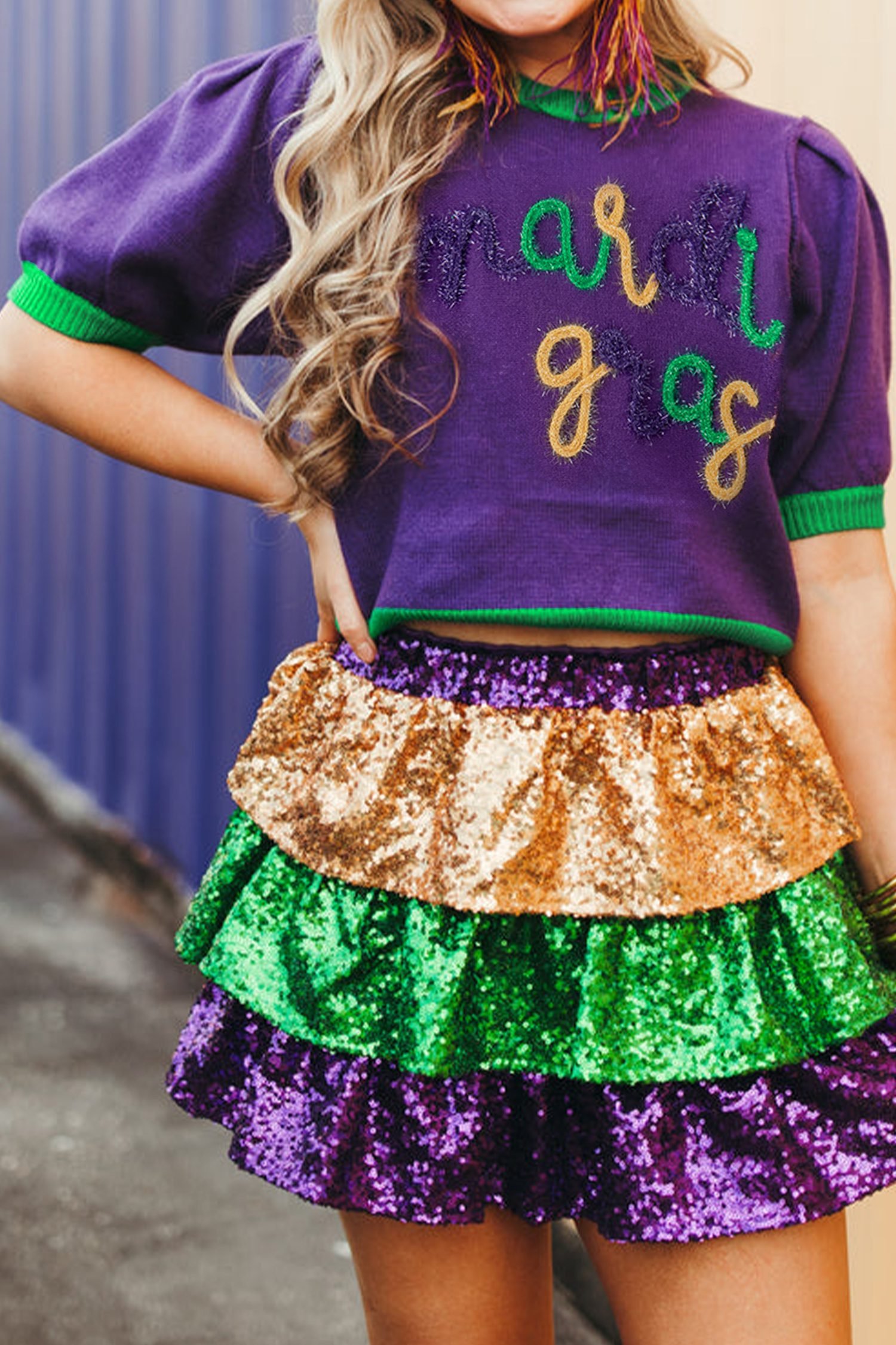 Tillandsia Purple Mardi Gras Tinsel Graphic Short Sleeve Sweater - Image 4