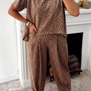 Brown Leopard Loose Tee Drawstring Waist Barrel Pants Set