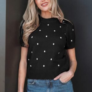 Black Elegant Polka Dot Bubble Short Sleeve Sweater