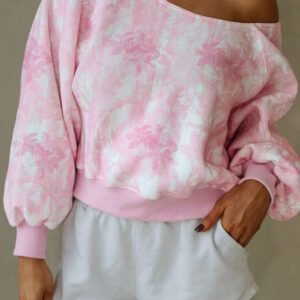 Pink Abstract Woodland Print Asymmetric Shoulder Long Sleeve Top