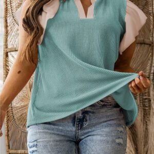 Light Blue Plus Size Contrast Frilled Neckline Ruffled Short Sleeve Ribbed Textured Blouse