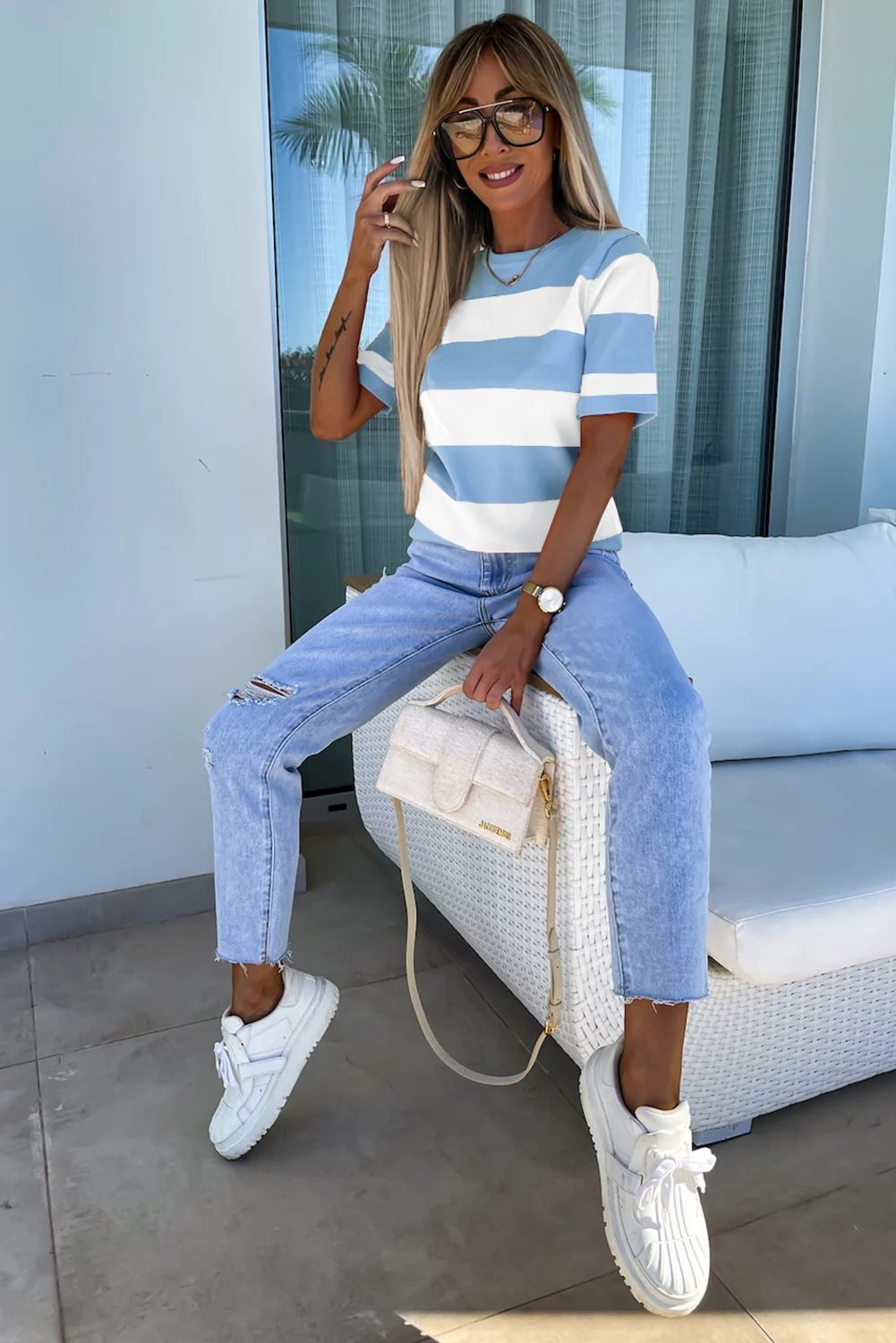Sky Blue Stripe Colorblock Striped Knitted T shirt
