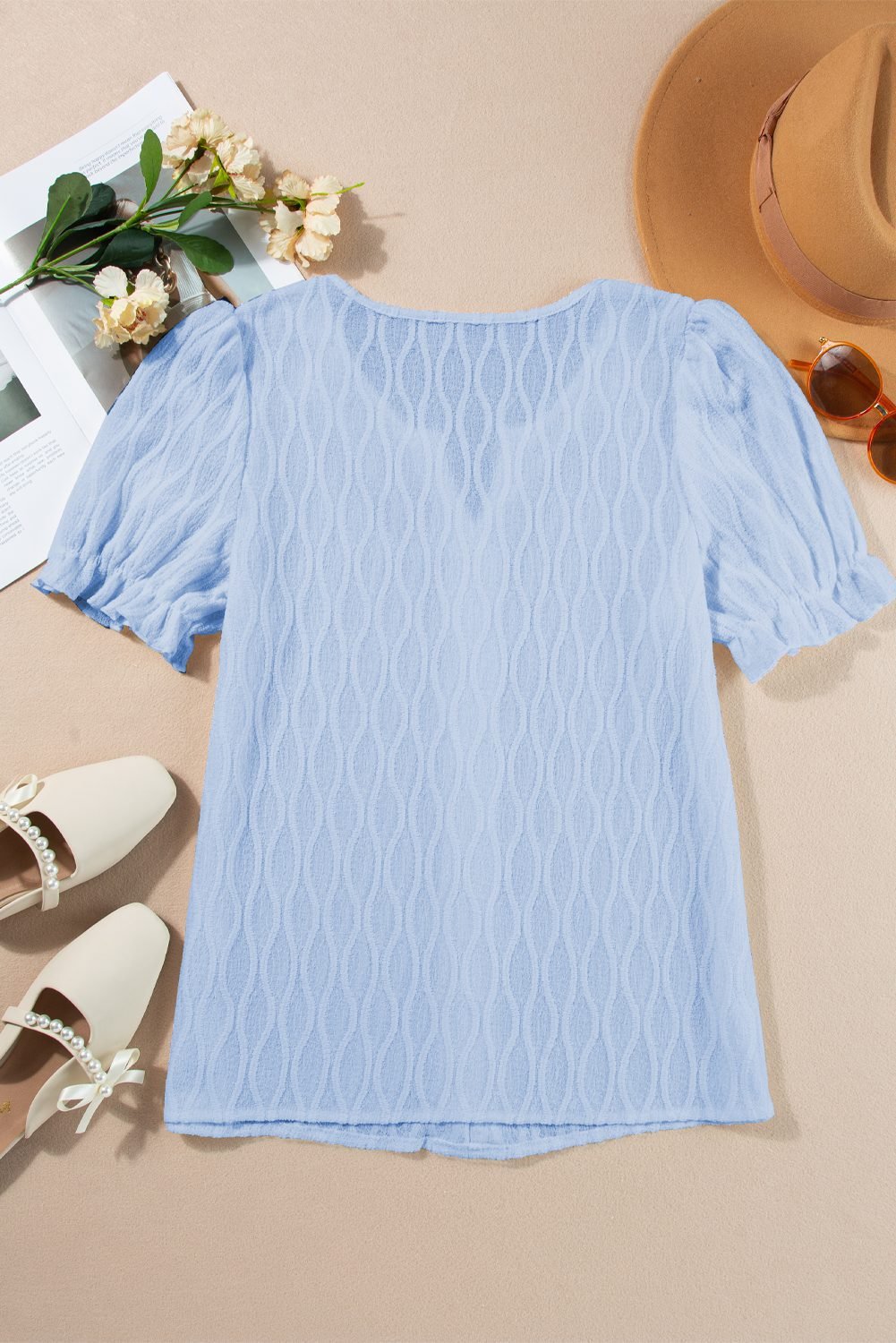 Beau Blue Solid Color Textured Notched Neck Puff Sleeve Blouse