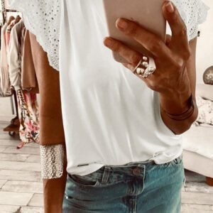 White Eyelet Embroidered Flutter Sleeve Patchwork V Neck Tee